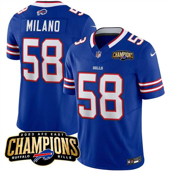 Men & Women & Youth Buffalo Bills #58 Matt Milano Blue 2023 F.U.S.E. AFC East Champions Ptach Stitched Jersey->buffalo bills->NFL Jersey
